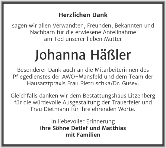 Traueranzeige von Johanna Häßler von Trauerkombi Mansfelder Land