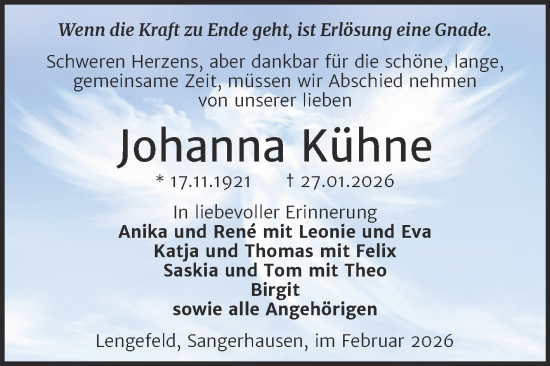 Traueranzeige von Johanna Kühne von Trauerkombi Sangerhausen
