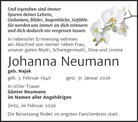 Traueranzeige von Johanna Neumann von Trauerkombi Zeitz