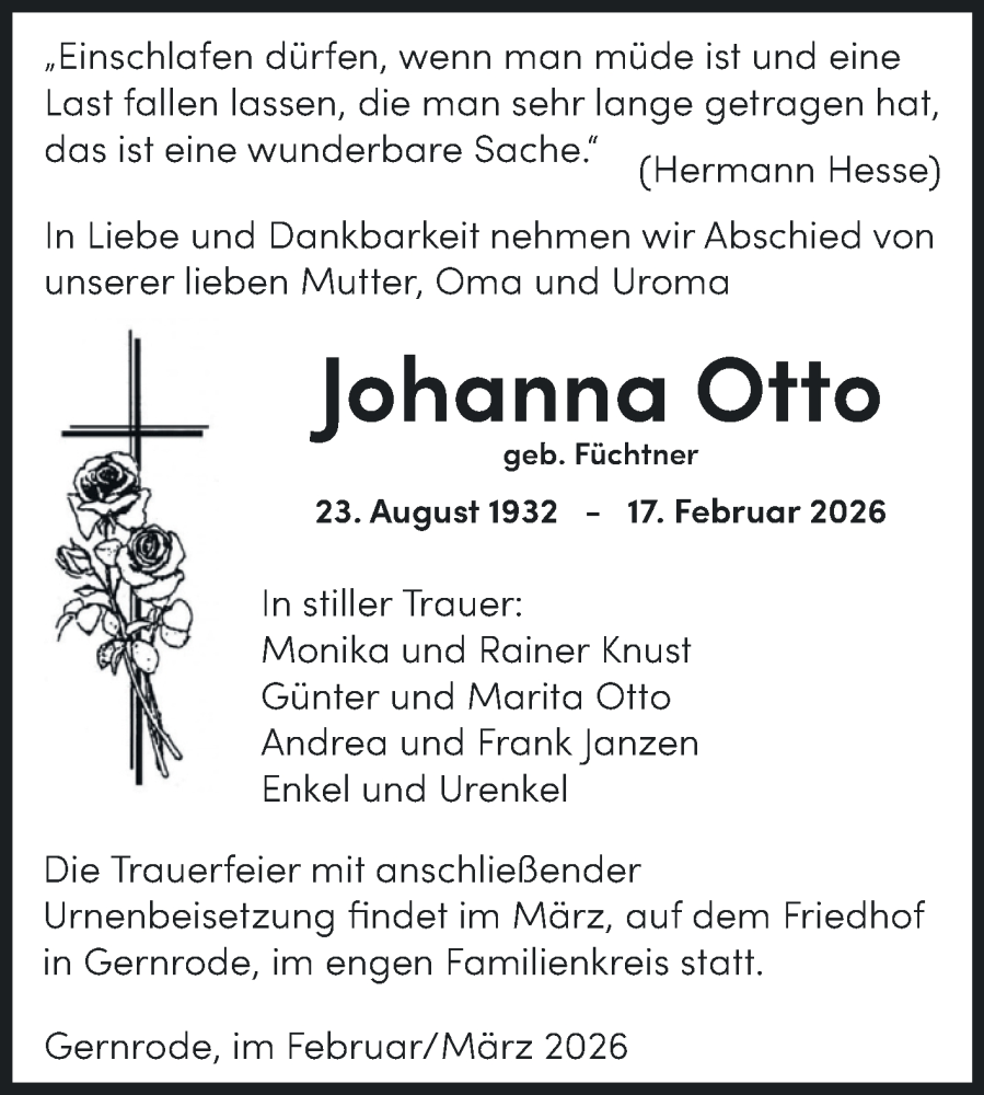  Traueranzeige für Johanna Otto vom 28.02.2026 aus Trauerkombi Quedlinburg