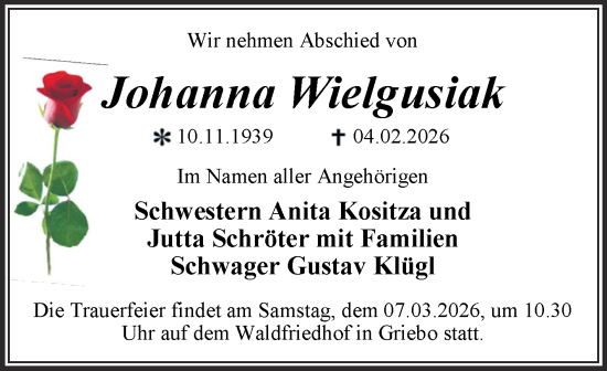 Traueranzeige von Johanna Wielgusiak von Trauerkombi Wittenberg