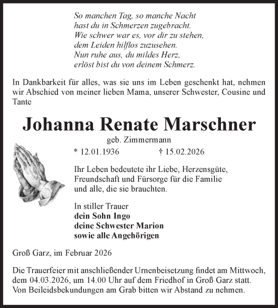 Traueranzeige von Johanna Renate Marschner von Volksstimme Altmark Ost