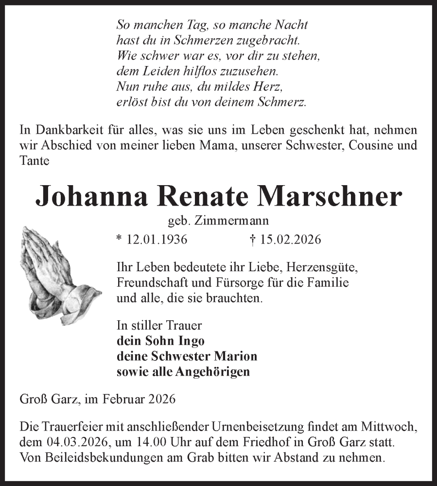  Traueranzeige für Johanna Renate Marschner vom 21.02.2026 aus Volksstimme Altmark Ost
