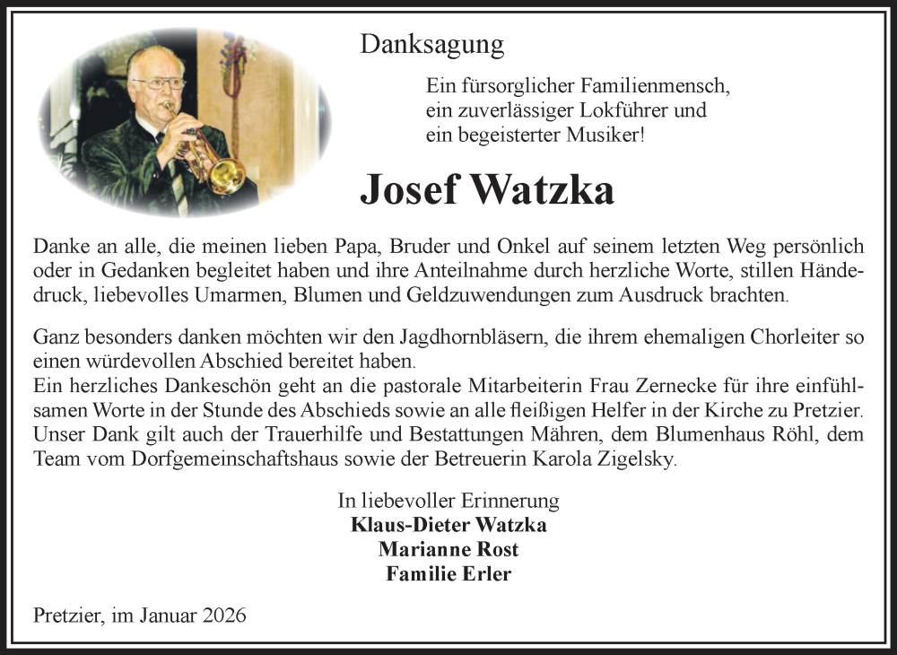  Traueranzeige für Josef Watzka vom 07.02.2026 aus Volksstimme Altmark Ost