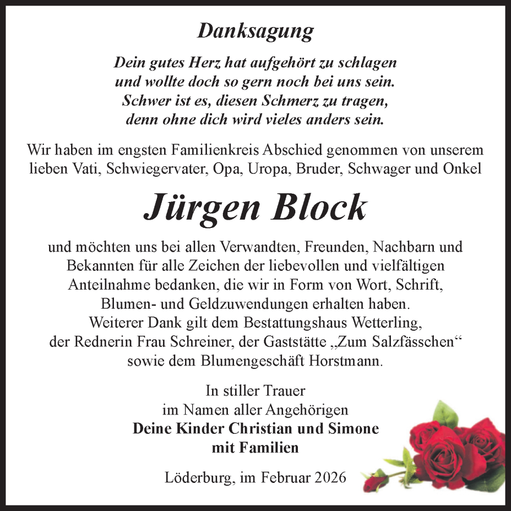  Traueranzeige für Jürgen Block vom 07.02.2026 aus Volksstimme Staßfurt