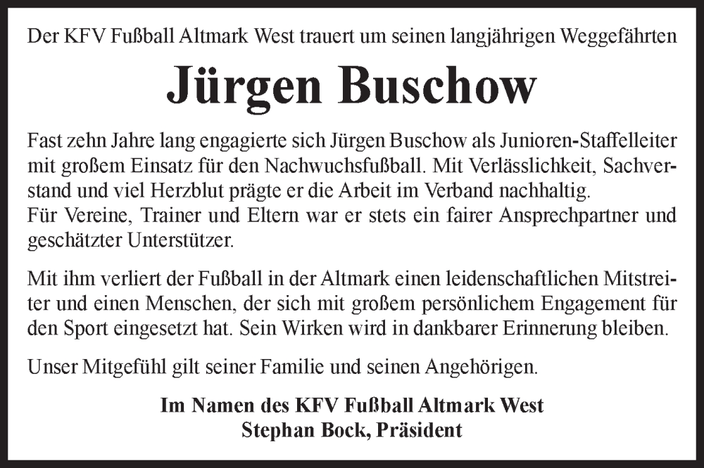  Traueranzeige für Jürgen Buschow vom 28.02.2026 aus Volksstimme Altmark West