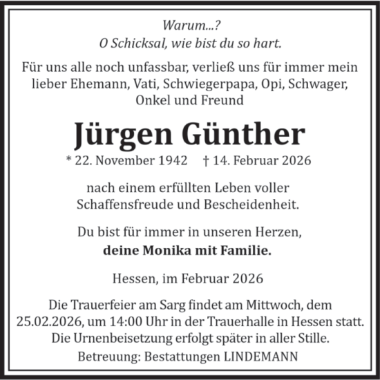 Traueranzeige von Jürgen Günther von Volksstimme Halberstadt