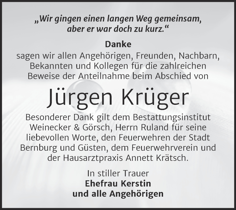  Traueranzeige für Jürgen Krüger vom 07.02.2026 aus Trauerkombi Bernburg