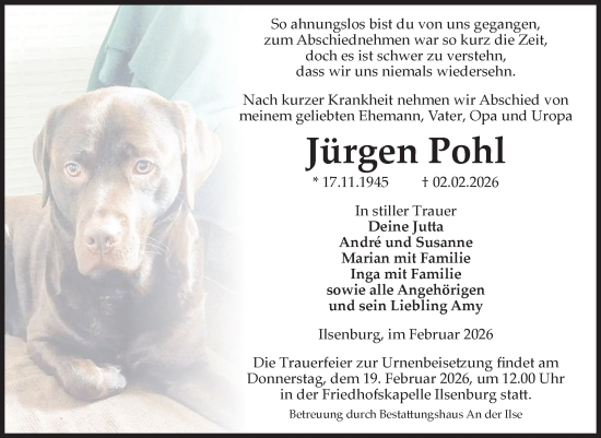 Traueranzeige von Jürgen Pohl von Volksstimme Wernigerode