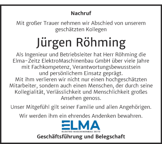 Traueranzeige von Jürgen Röhming von Super Sonntag Zeitz