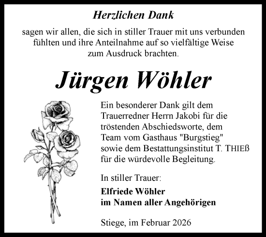 Traueranzeige von Jürgen Wöhler von Volksstimme Wernigerode