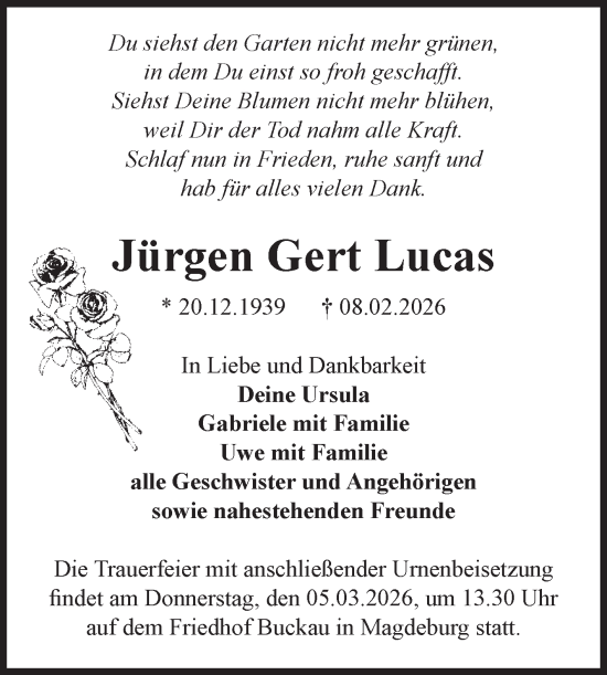 Traueranzeige von Jürgen Gert Lucas von Volksstimme Magdeburg
