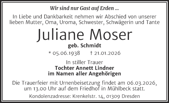 Traueranzeige von Juliane Moser von Trauerkombi Bitterfeld