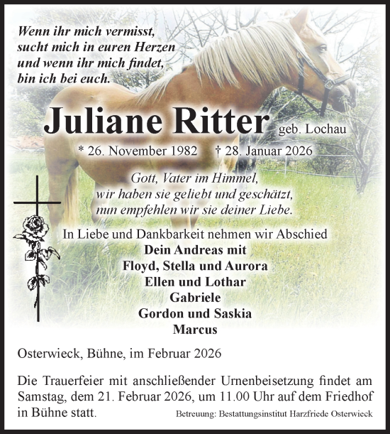 Traueranzeige von Juliane Ritter von Volksstimme Halberstadt