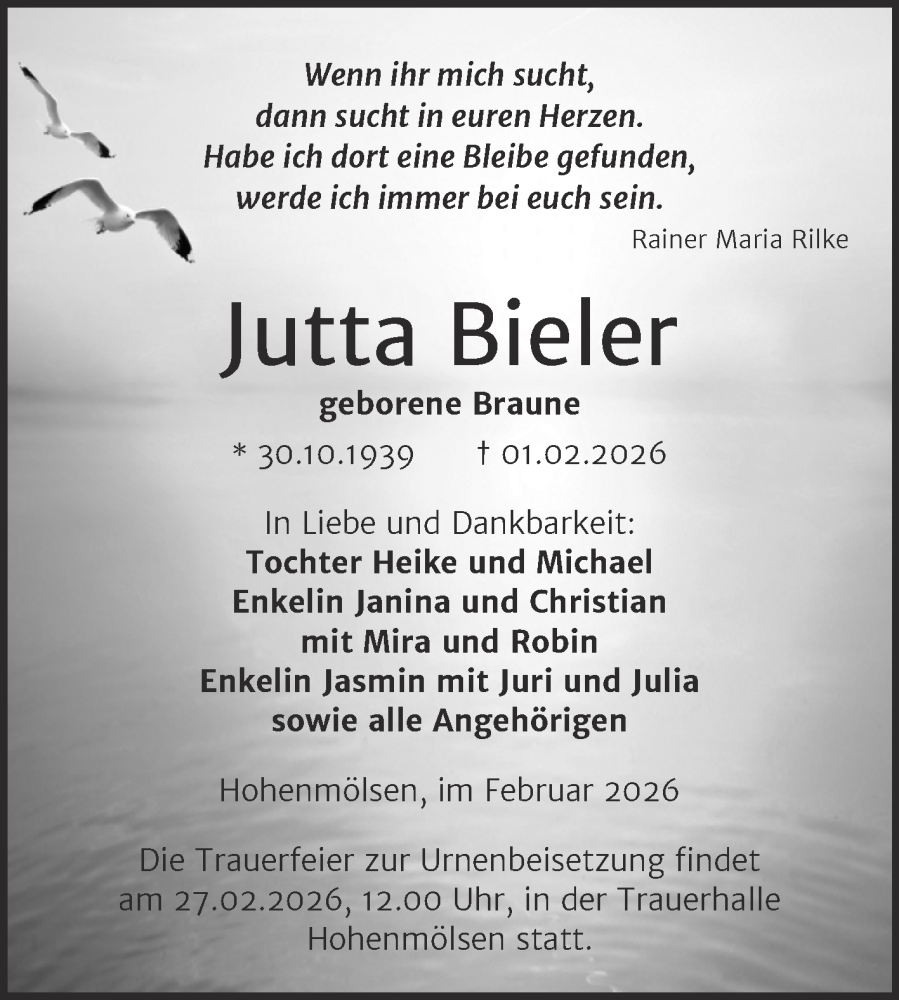  Traueranzeige für Jutta Bieler vom 07.02.2026 aus Trauerkombi Weißenfels