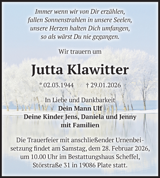 Traueranzeige von Jutta Klawitter von Volksstimme Schönebeck