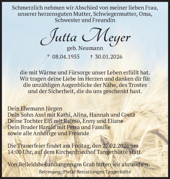 Traueranzeige von Jutta Meyer von Volksstimme Altmark Ost
