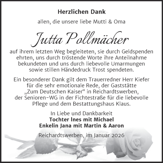 Traueranzeige von Jutta Pollmächer von Trauerkombi Weißenfels
