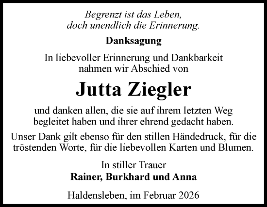 Traueranzeige von Jutta Ziegler von Volksstimme Haldensleben/Wolmirstedt