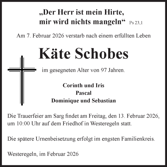 Traueranzeige von Käte Schobes von Volksstimme Staßfurt