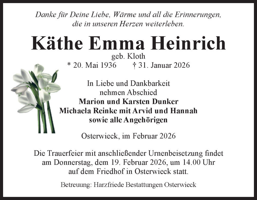  Traueranzeige für Käthe Emma Heinrich vom 07.02.2026 aus Volksstimme Halberstadt