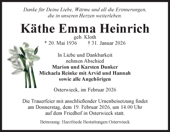 Traueranzeige von Käthe Emma Heinrich von Volksstimme Halberstadt