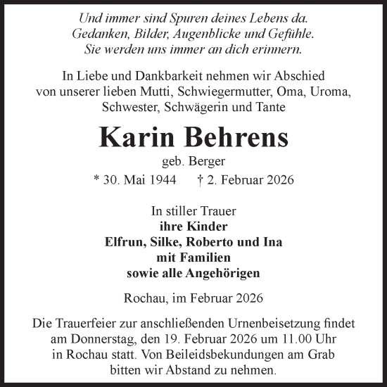 Traueranzeige von Karin Behrens von Volksstimme Altmark Ost