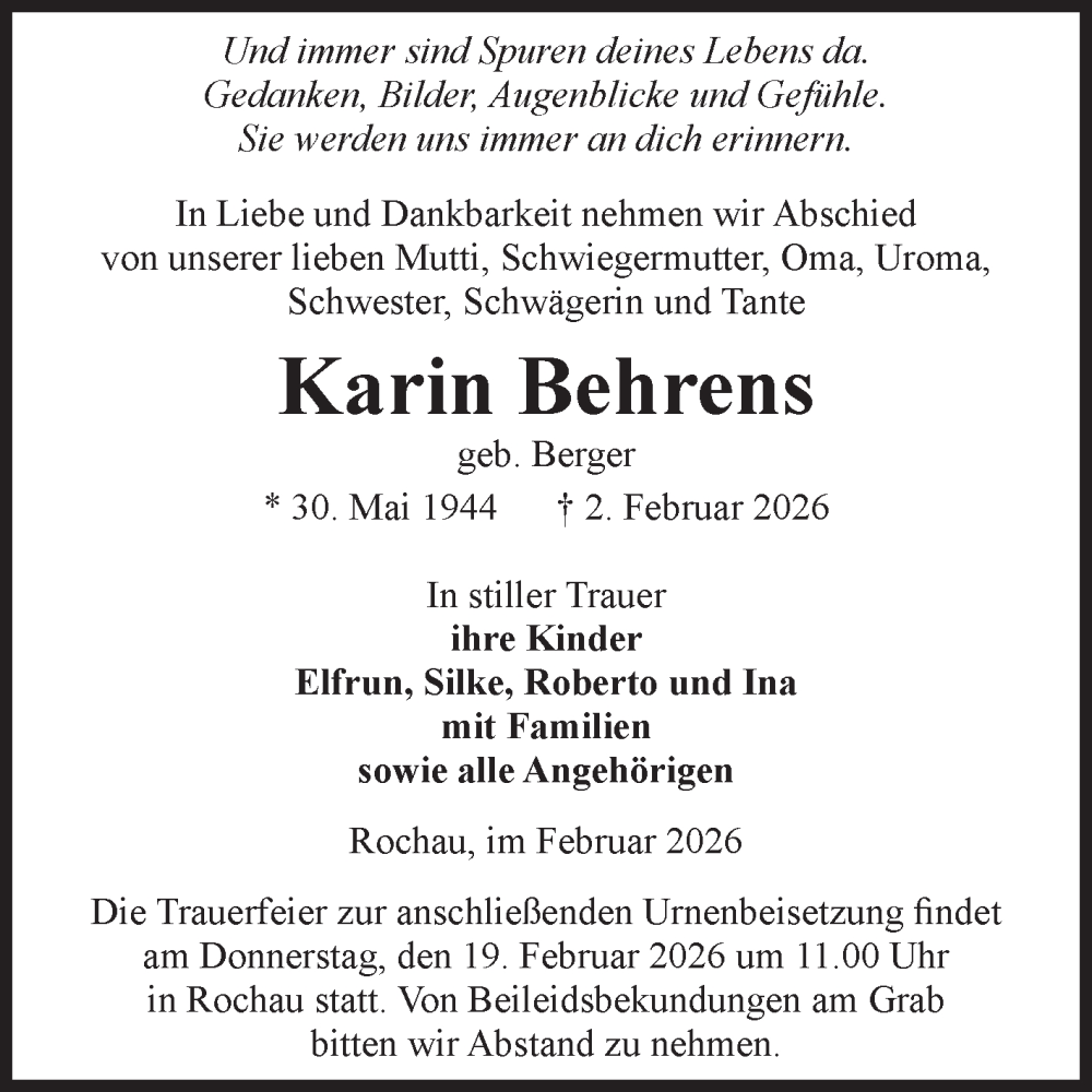  Traueranzeige für Karin Behrens vom 13.02.2026 aus Volksstimme Altmark Ost