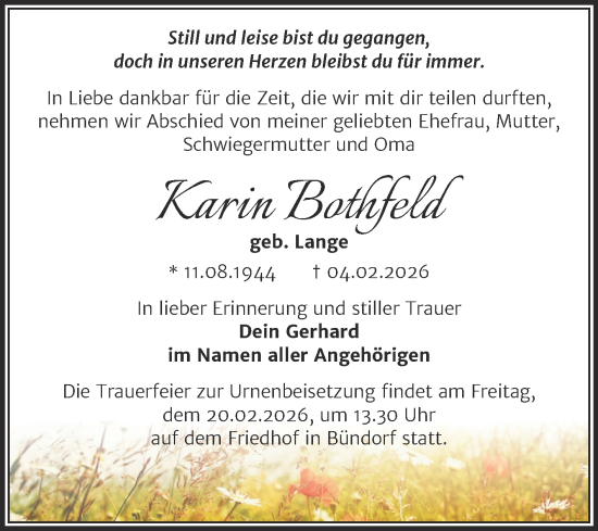Traueranzeige von Karin Bothfeld von Trauerkombi Merseburg