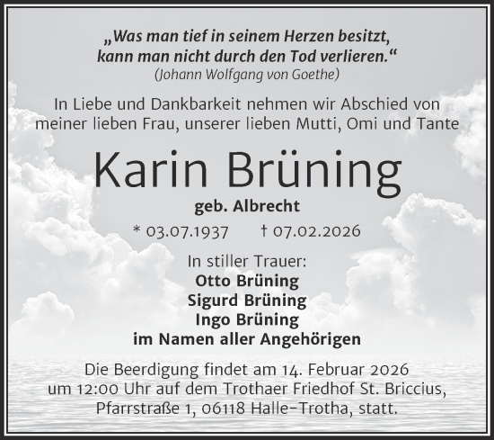 Traueranzeige von Karin Brüning von Mitteldeutsche Zeitung Halle/Saalkreis
