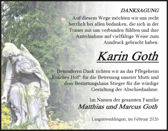 Traueranzeige von Karin Goth von Volksstimme Oschersleben/Wanzleben