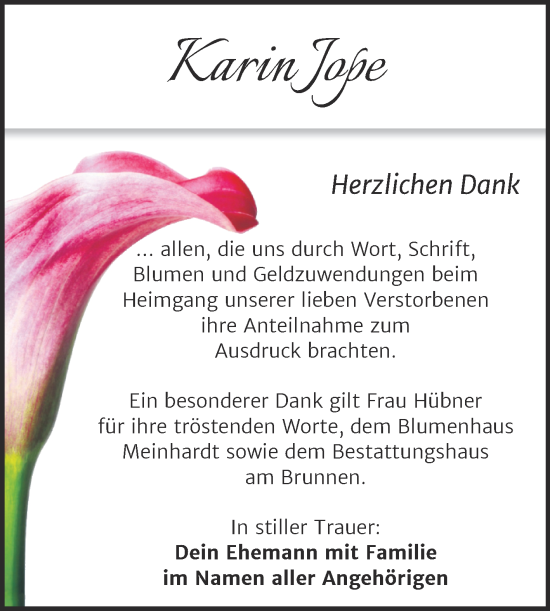 Traueranzeige von Karin Jope von Trauerkombi Mansfelder Land