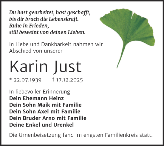 Traueranzeige von Karin Just von Trauerkombi Bitterfeld