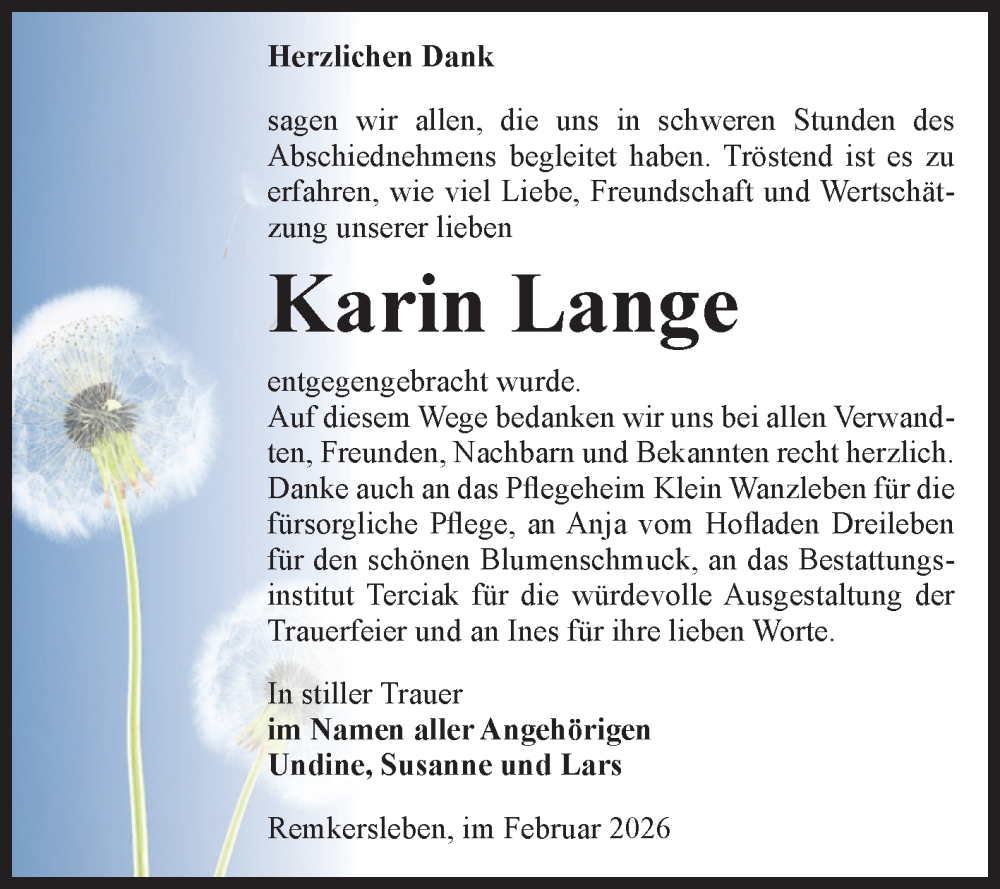  Traueranzeige für Karin Lange vom 14.02.2026 aus Volksstimme Oschersleben/Wanzleben