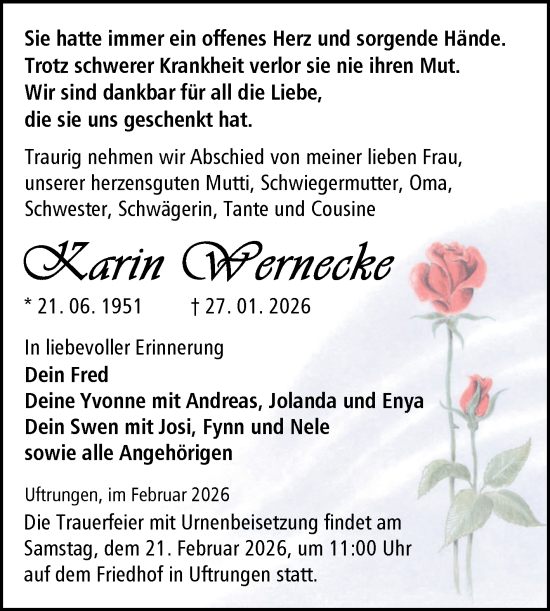 Traueranzeige von Karin Oernecke von Trauerkombi Sangerhausen