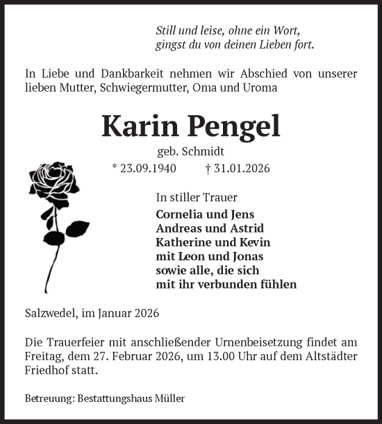 Traueranzeige von Karin Pengel von Volksstimme Altmark West