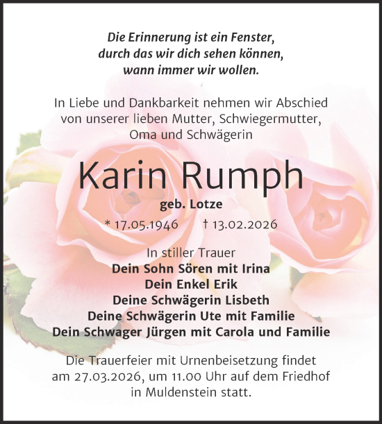 Traueranzeige von Karin Rumph von Trauerkombi Bitterfeld