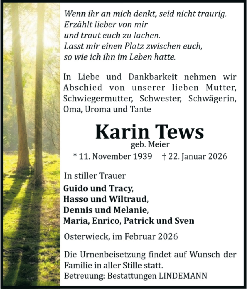  Traueranzeige für Karin Tews vom 07.02.2026 aus Volksstimme Halberstadt