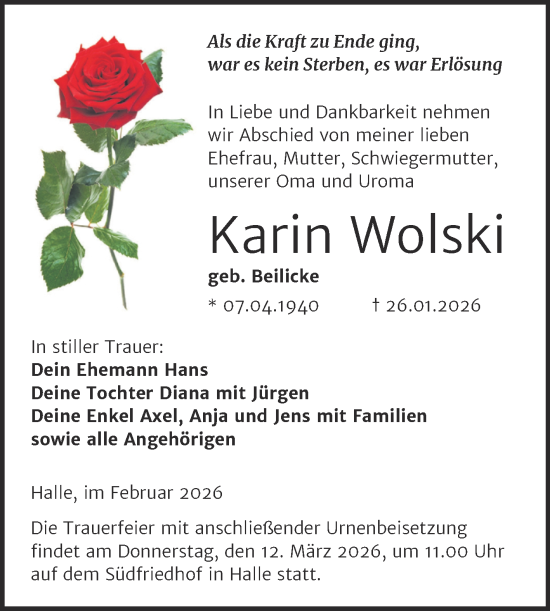 Traueranzeige von Karin Wolski von Mitteldeutsche Zeitung Halle/Saalkreis