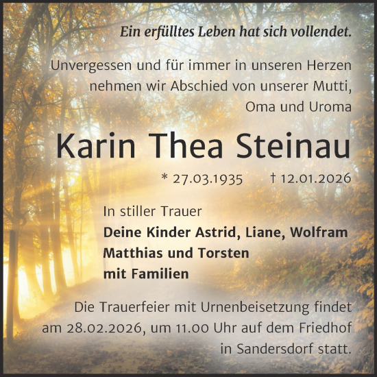 Traueranzeige von Karin Thea Steinau von Trauerkombi Bitterfeld