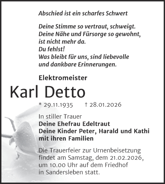 Traueranzeige von Karl Detto von Trauerkombi Mansfelder Land