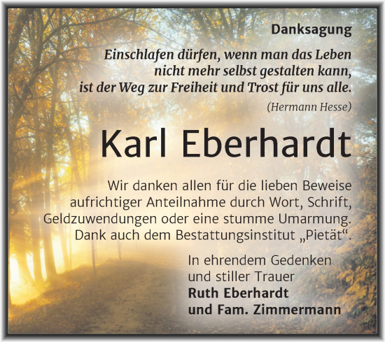 Traueranzeige von Karl Eberhardt von Trauerkombi Bitterfeld