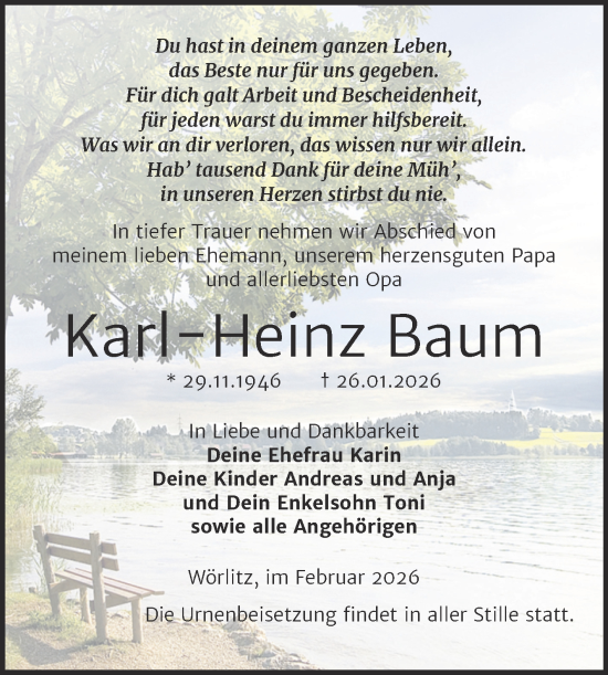 Traueranzeige von Karl-Heinz Baum von Trauerkombi Wittenberg