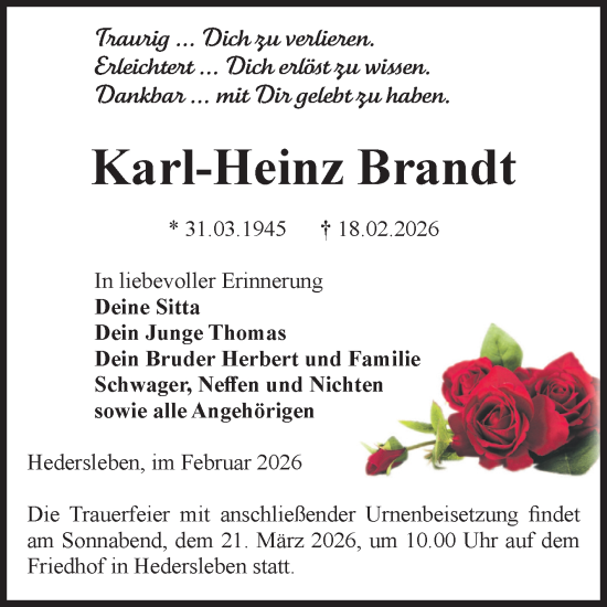Traueranzeige von Karl-Heinz Brandt von Super Sonntag Quedlingburg