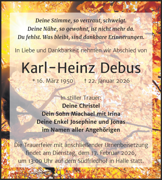 Traueranzeige von Karl-Heinz Debus von Mitteldeutsche Zeitung Halle/Saalkreis