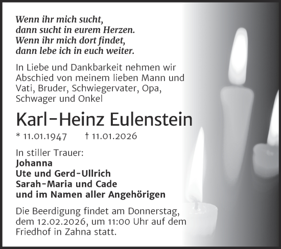 Traueranzeige von Karl-Heinz Eulenstein von Trauerkombi Wittenberg