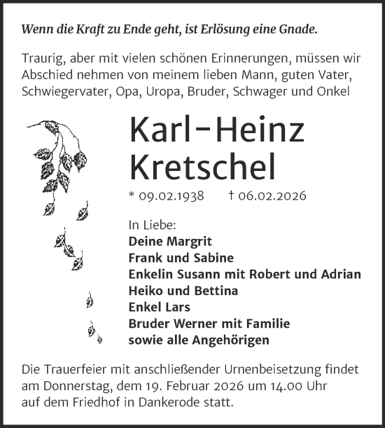 Traueranzeige von Karl-Heinz Kretschel von Trauerkombi Quedlinburg