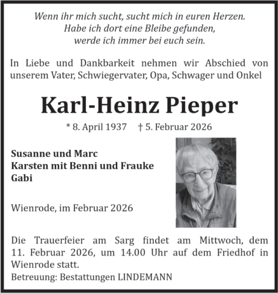 Traueranzeige von Karl-Heinz Pieper von Volksstimme Wernigerode