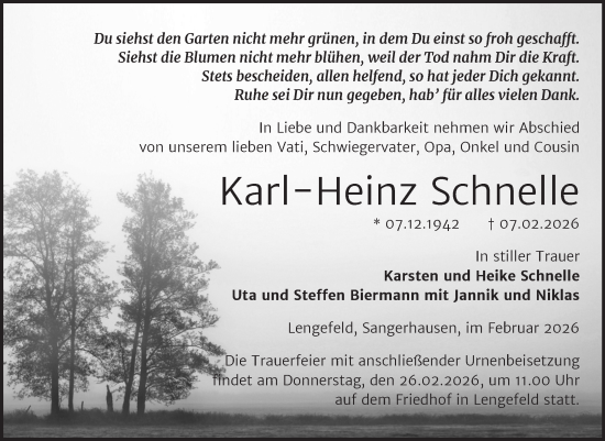 Traueranzeige von Karl-Heinz Schnelle von Trauerkombi Sangerhausen