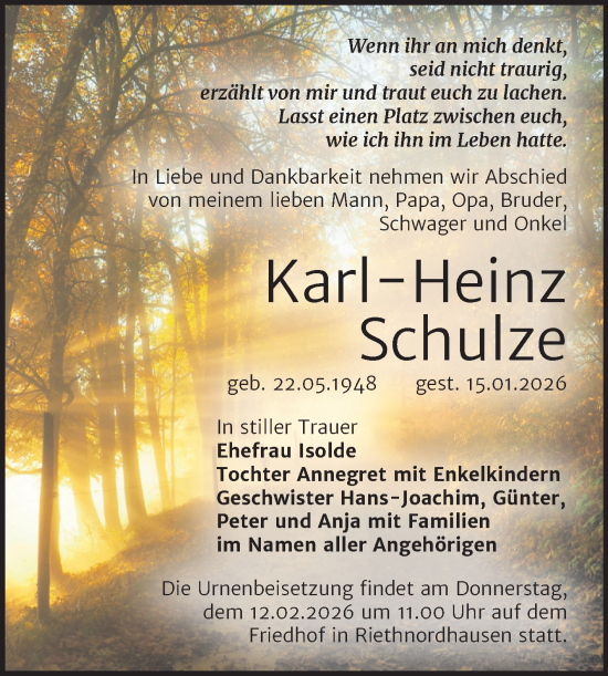 Traueranzeige von Karl-Heinz Schulze von Trauerkombi Sangerhausen